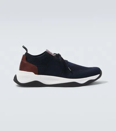 Berluti Shadow Leather-trimmed Knitted Sneakers In Blue