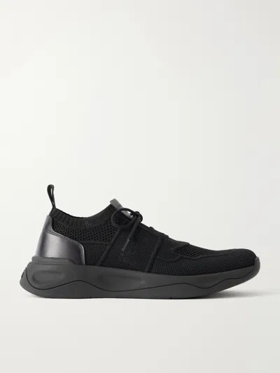Berluti Shadow Leather-trimmed Stretch-knit Sneakers In Black