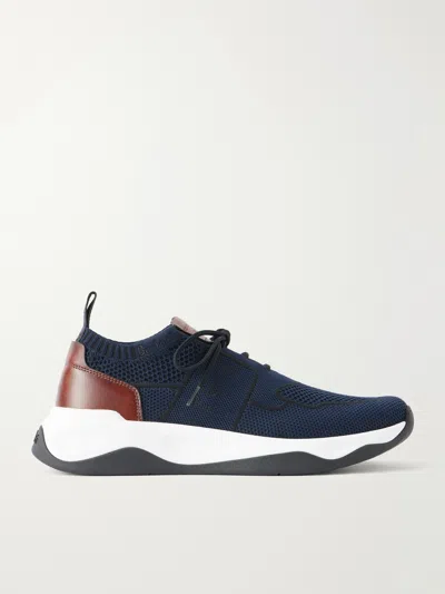 Berluti Shadow Leather-trimmed Stretch-knit Sneakers In Blue