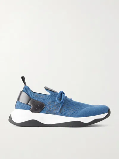 Berluti Shadow Leather-trimmed Stretch-knit Sneakers In Blue