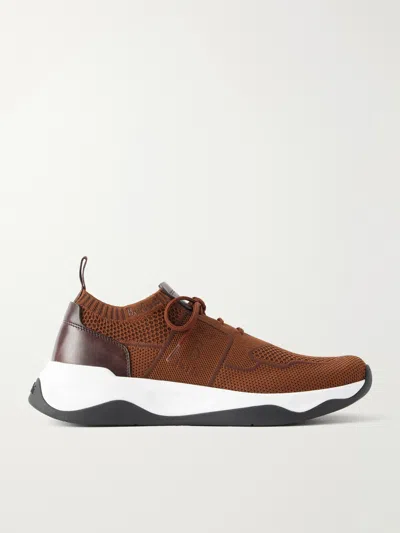 Berluti Shadow Leather-trimmed Stretch-knit Sneakers In Brown