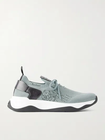 Berluti Shadow Leather-trimmed Stretch-knit Sneakers In Green