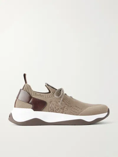 Berluti Shadow Leather-trimmed Stretch-knit Sneakers In Neutral