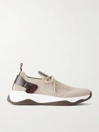 Berluti Shadow Leather-trimmed Stretch-knit Sneakers In Neutral