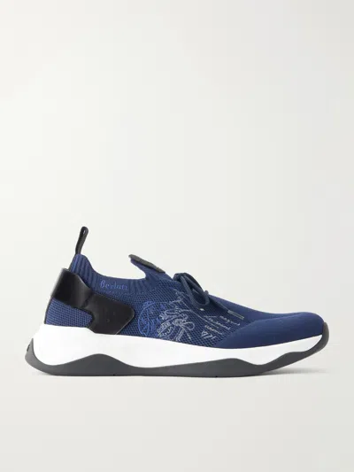 Berluti Shadow Logo-embroidered Leather-trimmed Stretch-knit Sneakers In Blue