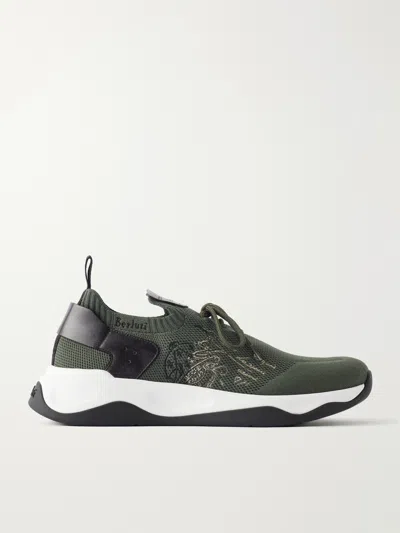 Berluti Shadow Logo-embroidered Leather-trimmed Stretch-knit Sneakers In Green