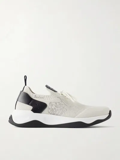 Berluti Shadow Logo-embroidered Leather-trimmed Stretch-knit Sneakers In White