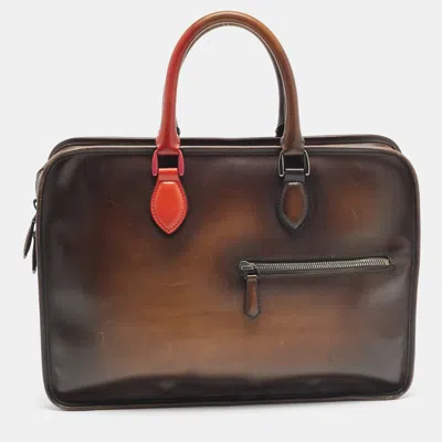 Pre-owned Berluti Un Jour Dark Brown Ombre Venezia Leather Briefcase