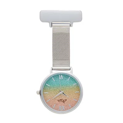 Bermuda Watch Company Women's Annie Apple Aurora Glitter Rainbow Silver Mesh Nurse Fob Watch