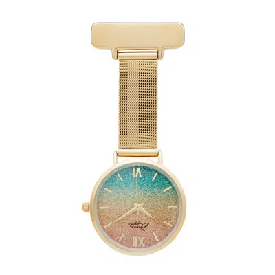 Bermuda Watch Company Women's Annie Apple Aurora Rainbow Glitter Gold Mesh Nurse Fob Watch