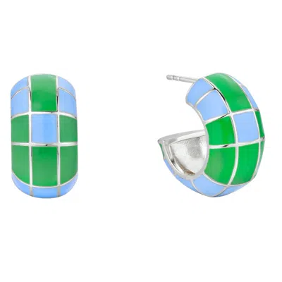 Bermuda Watch Company Women's Annie Apple Groove Chunky Sterling Silver Blue Green Enamel Hoop Earrings