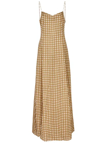 Bernadette Aria Gingham Linen Maxi Dress In Brown