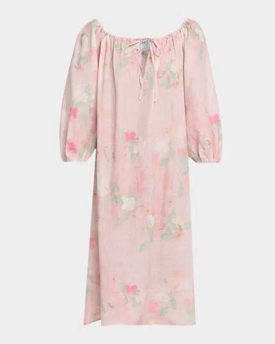 Bernadette Bonni Floral Linen Long-sleeve Midi Dress In Pink