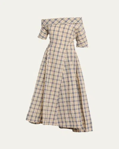 Bernadette Bowery Off-the-shoulder Check Seersucker Asymmetric Dress In Neutral