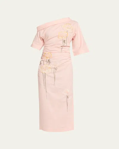Bernadette Bowery Off-the-shoulder Check Seersucker Asymmetric Dress In Pink