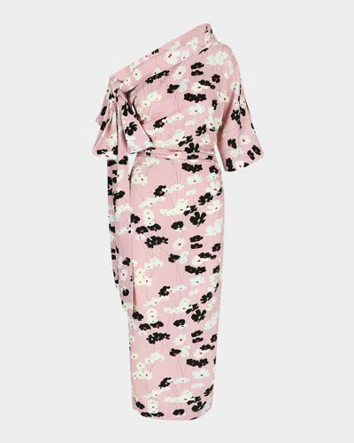 Bernadette Bowie Floral-print Tie One-shoulder Midi Dress In Cosmos Ivory And Black On Soft Pink