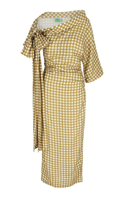 Bernadette Bowie Off-the-shoulder Gingham Linen Maxi Dress In Brown