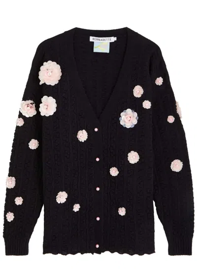 Bernadette Cammi Floral-embellished Wool-blend Cardigan In Black