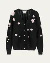 Bernadette Cammie Embellished Alpaca Wool Cardigan In Black Seersucker With Blush Camelia Embrd