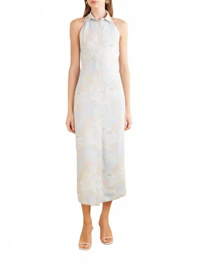 Bernadette Cici Jasmin Floral-print Linen Halterneck Midi Dress In Soft Blue Multi In White