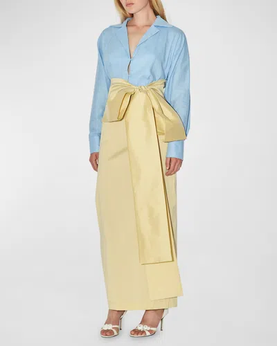 Bernadette Claire Contrast Gown With Bow Detail In Dirty Blue  Soft Yellow