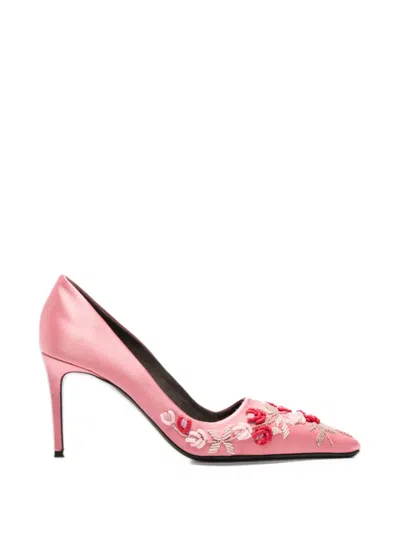 Bernadette Classic Satin High-heel Pumps Rose-embroidered In Pink