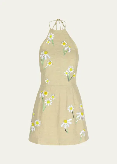 Bernadette Delilah Embroidered Linen Mini Dress In Rustig Beige With