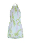 Bernadette Delilah Open-back Printed Linen Halterneck Mini Dress In Blue