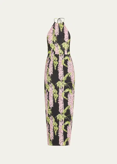 Bernadette Delilah Halter Backless Linen Midi Dress In Wisteria Small Pink On Black