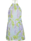Bernadette Delilah Open-back Printed Linen Halterneck Mini Dress In Blue