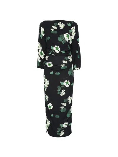 Bernadette Ezra Floral-print Ruched Crepe Midi Dress In Black