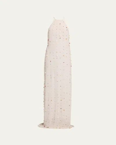 Bernadette Embellished Crinkled Viscose Halter Maxi Dress In White