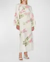 Bernadette Emmanuelle Sequined Floral-print Long-sleeve Backless Maxi Dress In Pink Lilacs Embroidery On Ivory