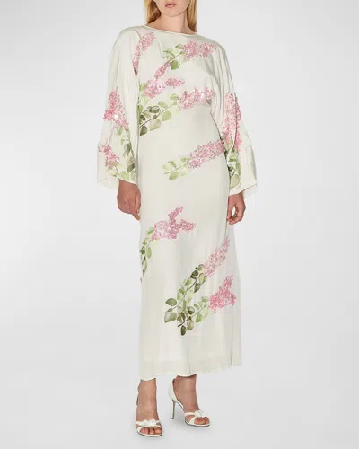 BERNADETTE EMMANUELLE SEQUINED FLORAL-PRINT LONG-SLEEVE BACKLESS MAXI DRESS