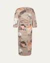 Bernadette Ezra Floral-print Ruched 3/4-sleeve Maxi Dress In Brown