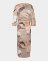 Bernadette Ezra Floral-print Ruched 3/4-sleeve Maxi Dress