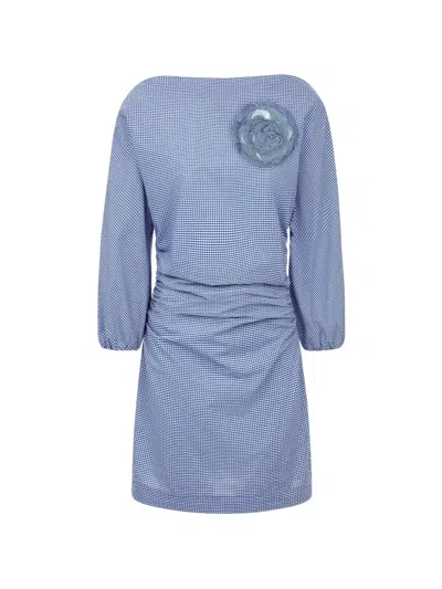 Bernadette Ezra Gingham-check Brooch Dress In Blue