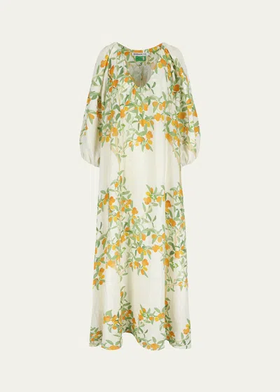 Bernadette Floral Print Balloon-sleeve Maxi Linen Gown In Kumquat Ivory