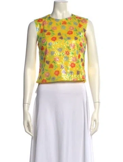 Pre-owned Bernadette Floral Print Crew Neck Crop Top In Yellow