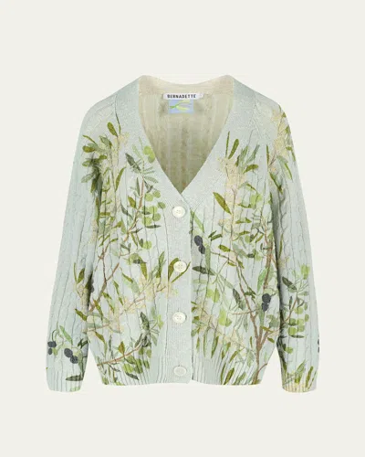 Bernadette Floral Printed Button Down Cardigan In Pale Blue Printed Cable Knit