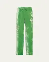 Bernadette Flower Embroidered Drawstring Velvet Pants In Jewel Orchid On Green
