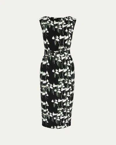 Bernadette Flower-print Boat-neck Belted Midi Dress In Snowdrop Black