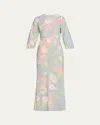 Bernadette Flower Printed Linen Long Dress In Camelia - Blue