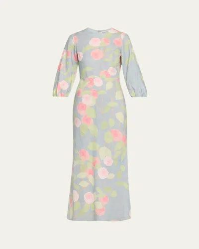 Bernadette Flower Printed Linen Long Dress In Camelia - Blue