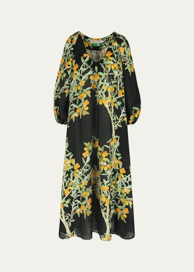 Bernadette Flower Printed Linen Maxi Dress In Kumquat Black