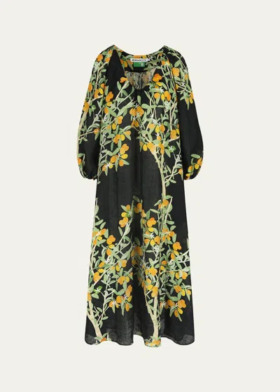 Bernadette Flower Printed Linen Maxi Dress In Kumquat  Black