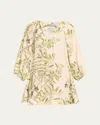 Bernadette Flowy Puff-sleeve Printed Linen Mini Dress In Olive Tree-butter