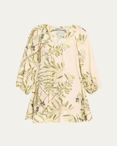 BERNADETTE FLOWY PUFF-SLEEVE PRINTED LINEN MINI DRESS