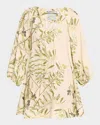 Bernadette Flowy Puff-sleeve Printed Linen Mini Dress In Olive Tree-butter