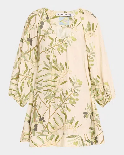 Bernadette Flowy Puff-sleeve Printed Linen Mini Dress In Olive Tree-butter